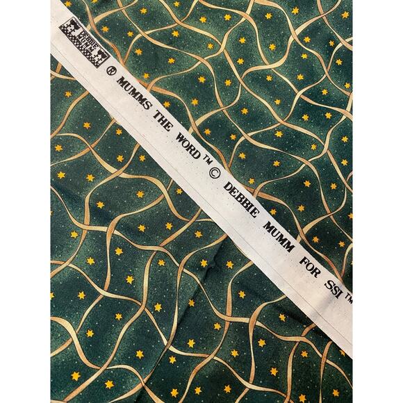 HTF VINTAGE DEBBIE MUMM Cotton Fabric Holiday Green Gold Ribbon & Stars BTHY NEW - Picture 2 of 2